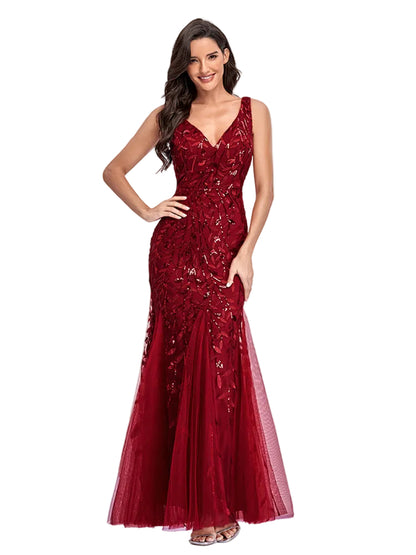 Burgundy sequin mermaid formal gown with V-neck and tulle skirt
