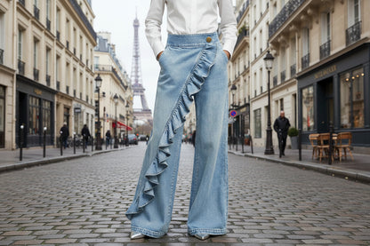 Women's retro ruffle denim trousers wide leg