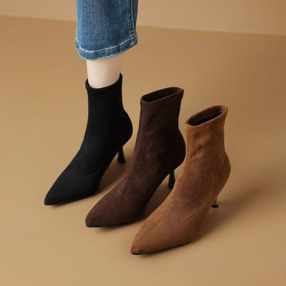 Pointed-Toe Suede Kitten Heel Ankle Boots