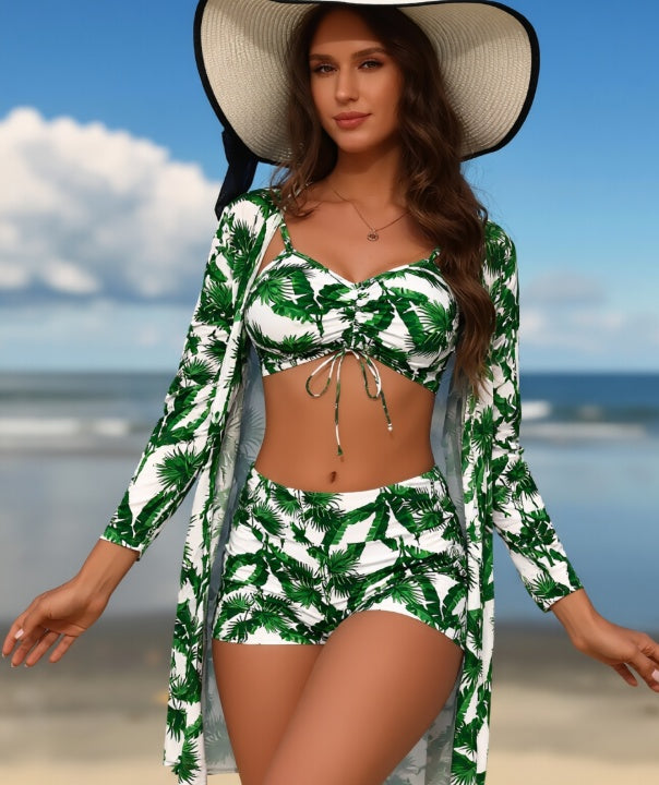 Three-Piece Tropical Swimwear Set with Ruched V-Neck Crop Top, Mini Shorts, and Floor-Length Kimono
