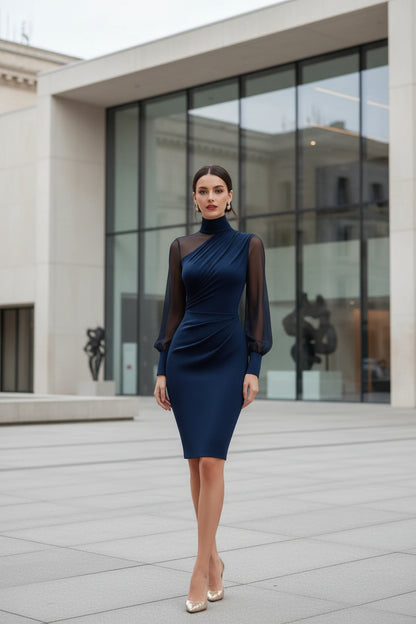 Turtleneck slim-fit midi dress with lantern sleeves in navy– slim fit occasion dress
women's fashion
