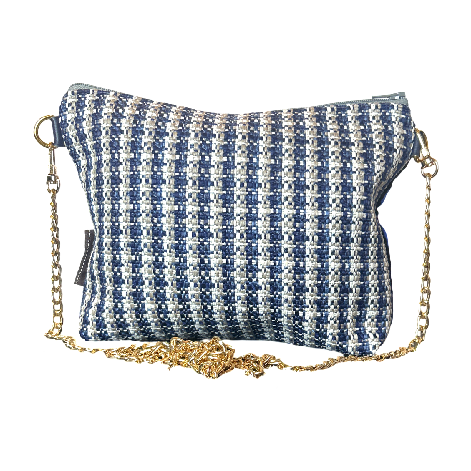 Blue and white striped handbag with a gold chain strap on a white background