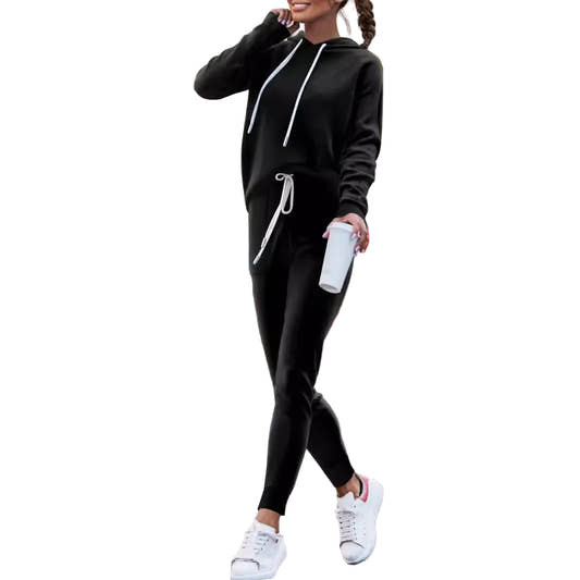 Women's hoodie and high waist drawstring trousers two-piece sweatsuit in black – front view, matching casual set
