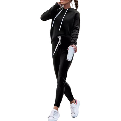 Women's hoodie and high waist drawstring trousers two-piece sweatsuit in black – front view, matching casual set
