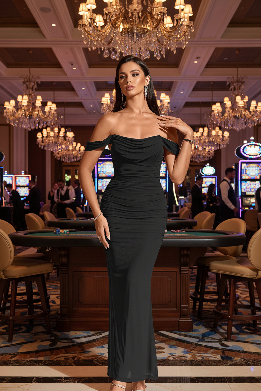 Black  ruched dress for wedding guest - off shoulder formal maxi gown

