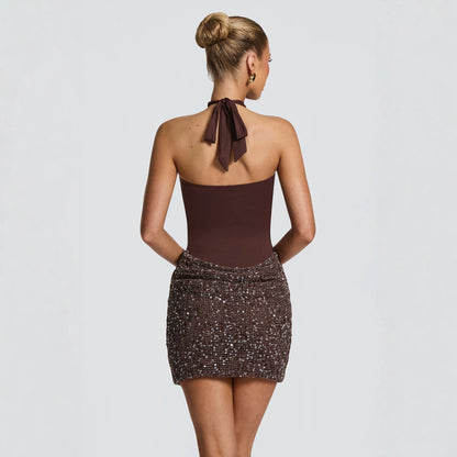 Sequin Skirt Cross-Halter Mini Dress