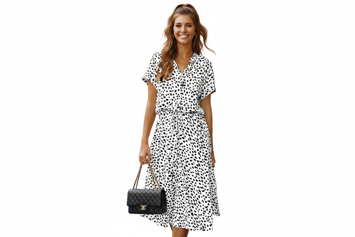 
Short sleeve polka dot shirt dress with collared neckline and flattering fit

