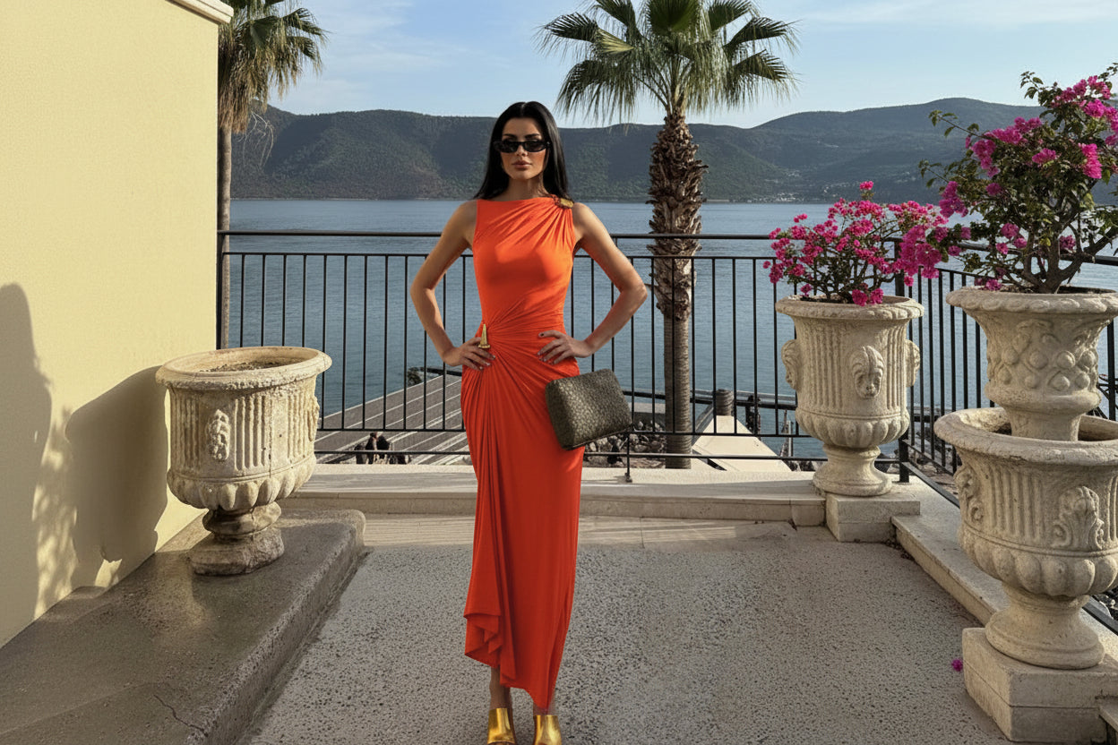 Orange fitted maxi dress - ruched asymmetric design with sleeveless cut for events