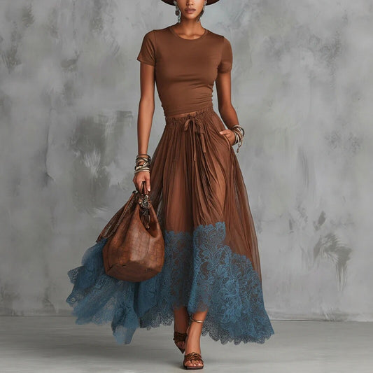 Short-sleeve Top And Lace-panel Midi Skirt Set