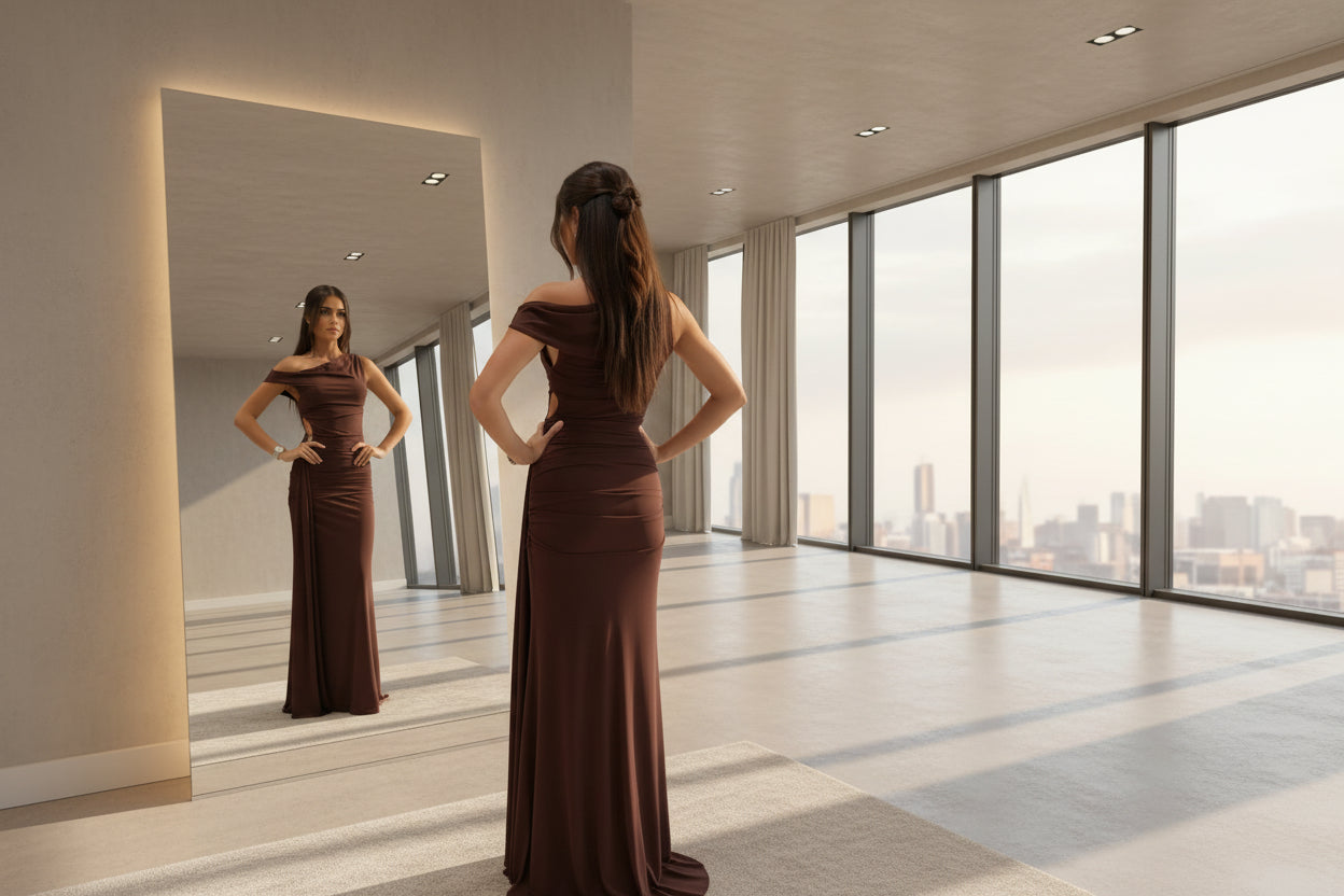 Brown one-shoulder dress with side slit - body-hugging asymmetric design for evening wear

