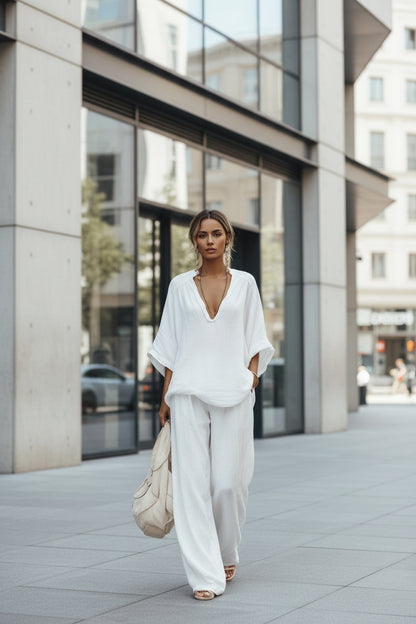 Women's V-neck loose short-sleeve top and casual pants two-piece set in white
