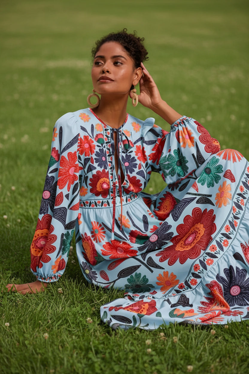 Woman wearing a colorful floral dress 