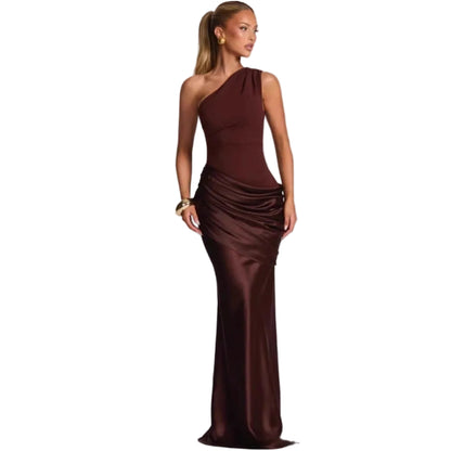 Sleeveless One-Shoulder Bodycon Satin Maxi Elegant Gown with Asymmetric Ruched Hip and Skirt Detail
