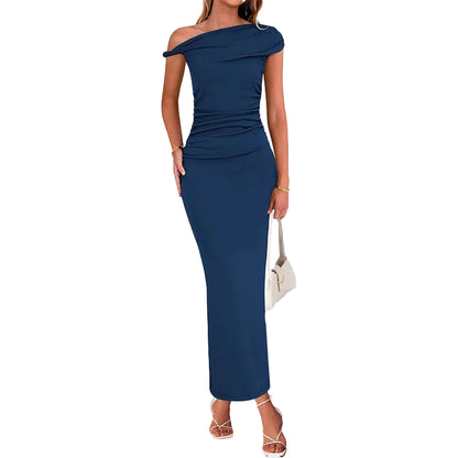 Blue  one-shoulder ruched bodycon maxi dress full length front view on model
