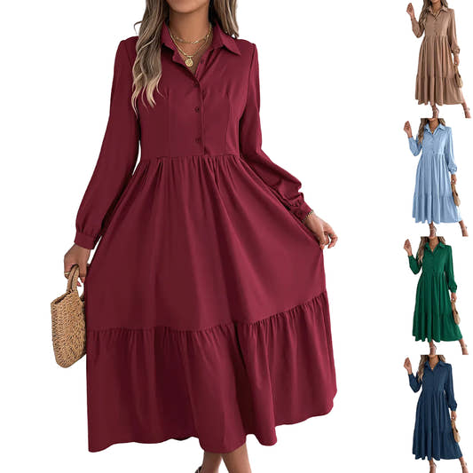 Lapel ruffle long sleeve shirt maxi dress in wine red – front view, high waist single-breasted button placket
