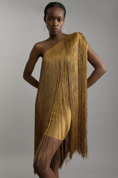Evening midi dress with dramatic fringe detail

