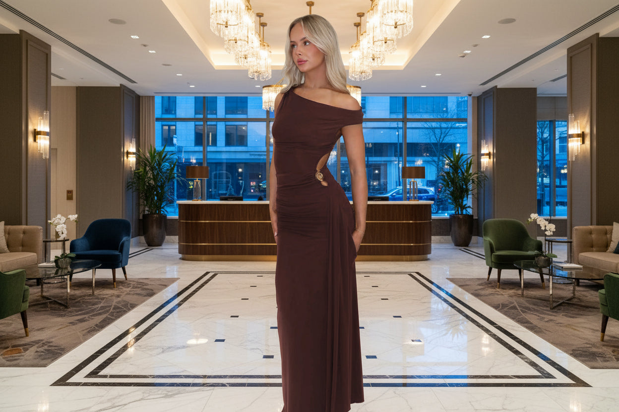 Brown fitted party dress - slant shoulder neckline with dramatic side slit detail

