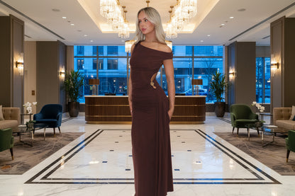 Brown fitted party dress - slant shoulder neckline with dramatic side slit detail

