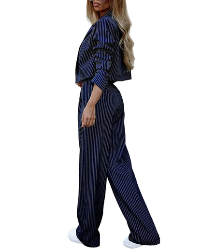 Pinstripe cropped blazer and wide-leg trouser suit in navy blue  side view, open blazer and high waist trouser
