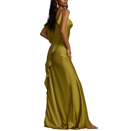 Woman wearing a green evening gown 