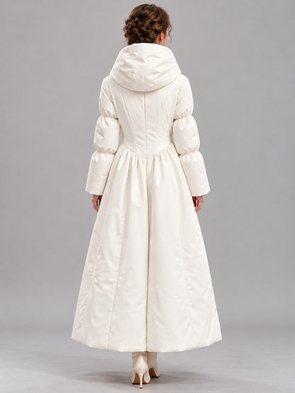 Hooded Quilted Maxi Coat with Bow Tie