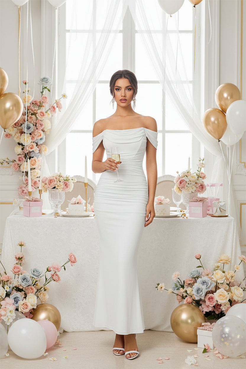 White formal maxi dress - off shoulder ruched gown for engagement party

