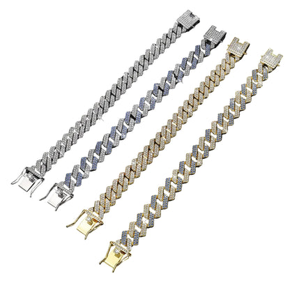 Three diamond-encrusted bracelets in silver, gold, and rose gold 
