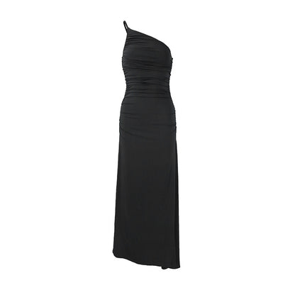 Black one-shoulder evening midi dress 