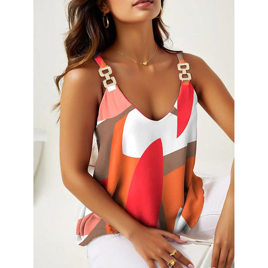 colorful sleeveless top with geometric design 
