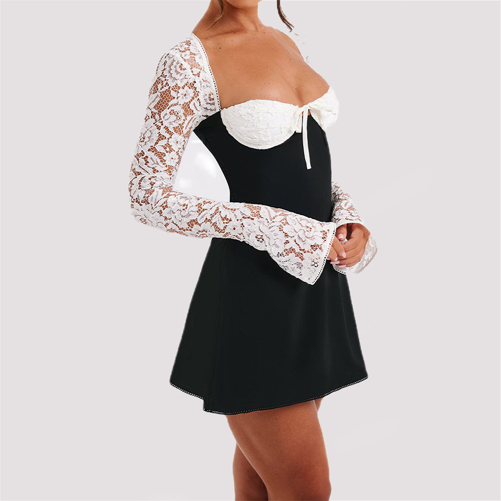Long sleeve lace mini dress with sexy corset-style bodice

