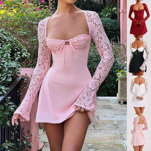 Women's Y2K lace corset dress with long sleeves and backless design

