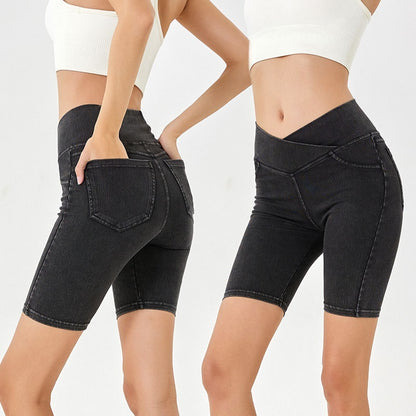 High waist denim shorts women's cycling shorts elastic fabric bike shorts


