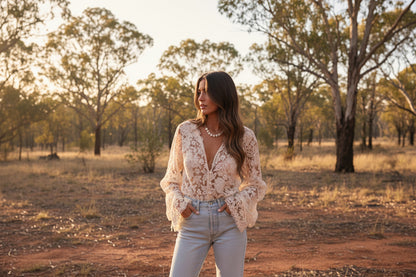 Floral lace blouse V-neck button-down long sleeve for dressy casual wear

