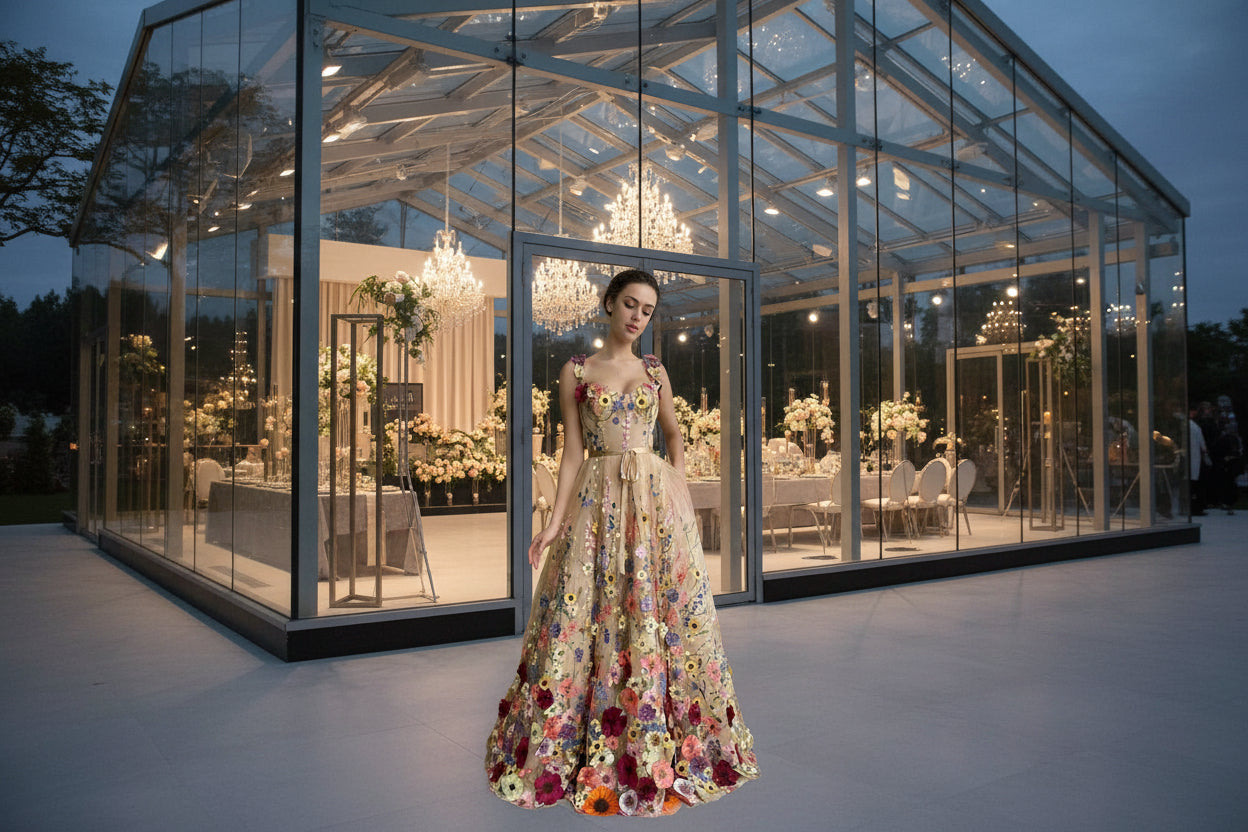 Black A-line 3D floral applique prom dress with sweetheart neckline and multicolor blooms, full length front view
