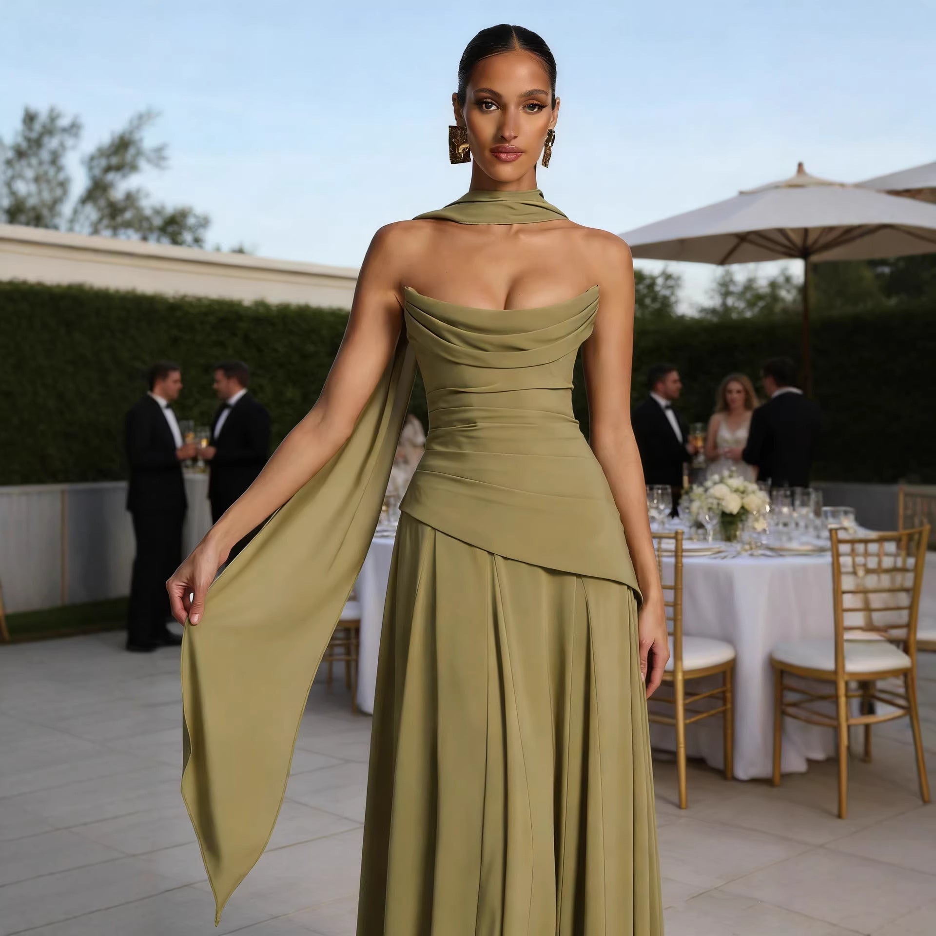Olive green strapless bandage gown with draped collar panel for formal events and weddings