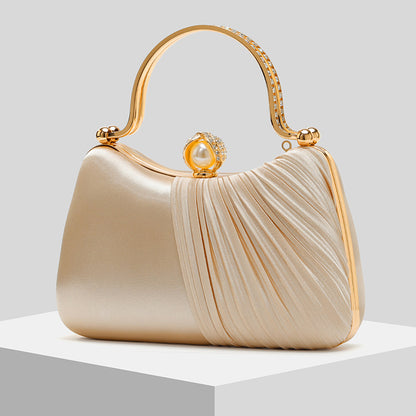 Pleated Satin Pearl-Handle Clutch