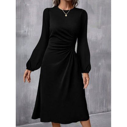 Long Sleeve Ruched Waist A-Line Dress