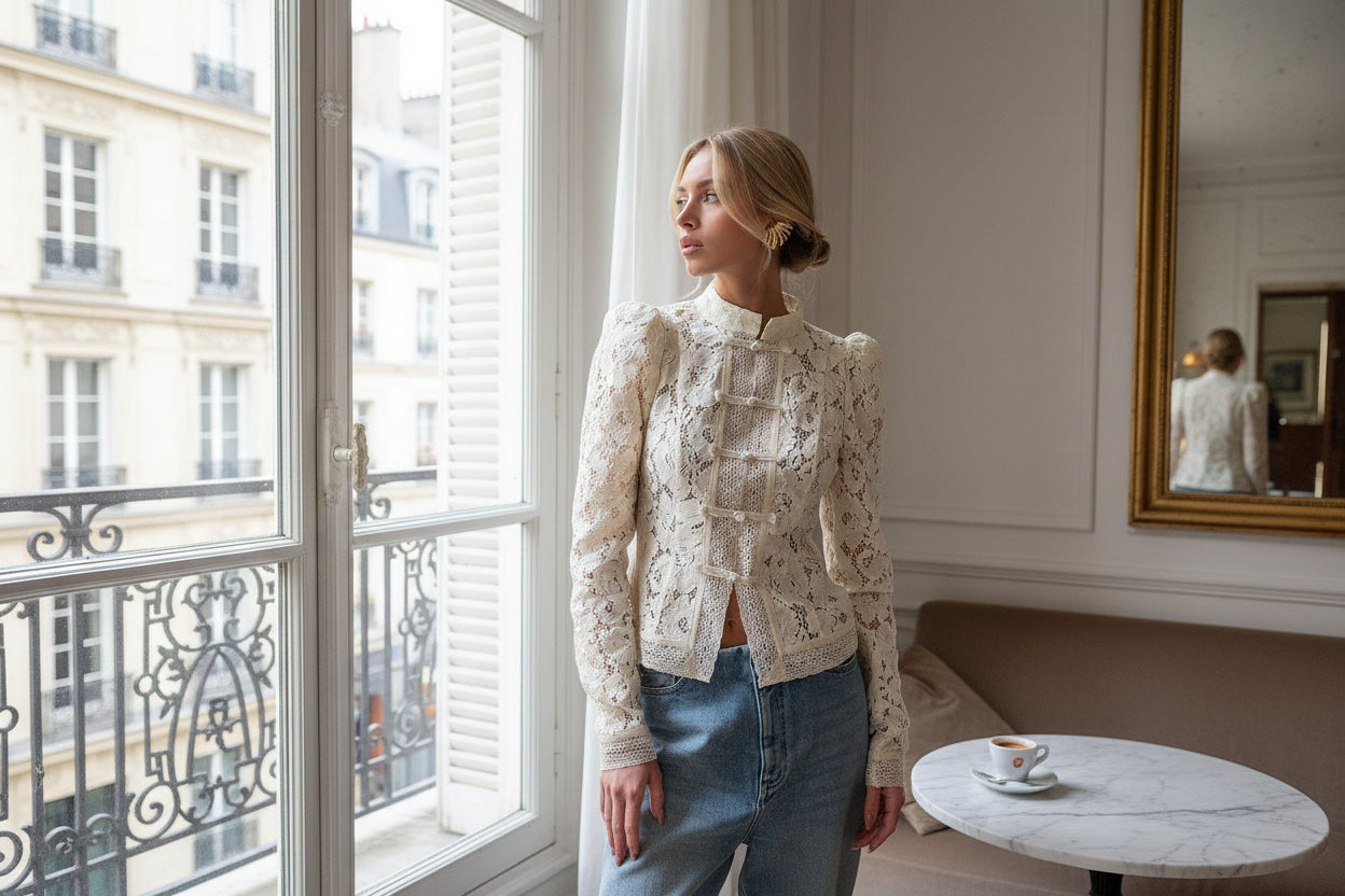White lace frog button jacket women long sleeve elegant bridal top