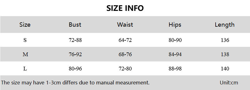 Size chart for clothing with measurements in centimeters