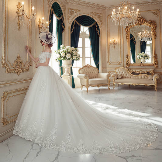 Bride wearing a white one-shoulder Hepburn-inspired trailing gown with French veil

