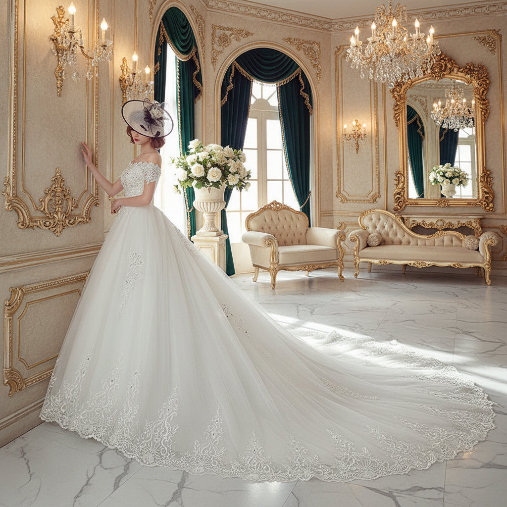 Bride wearing a white one-shoulder Hepburn-inspired trailing gown with French veil


