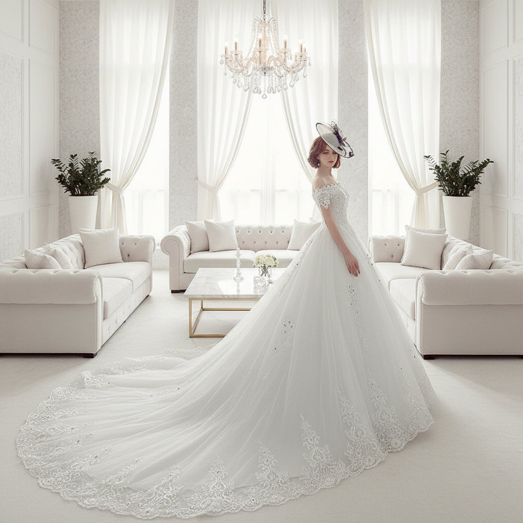Woman in a white lace wedding dress standing against a white wall with greenery.