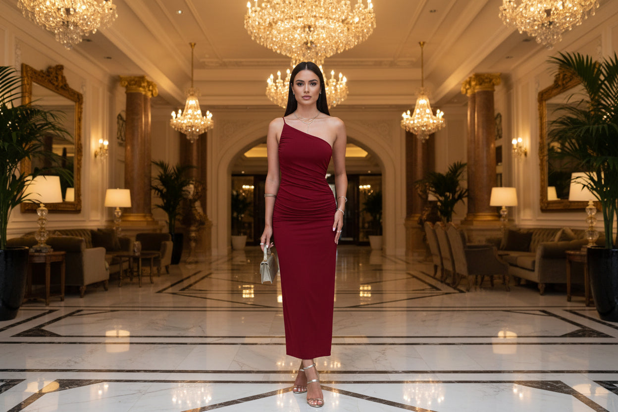 Wine red one shoulder dress - stretchy bodycon midi for cocktail party and events