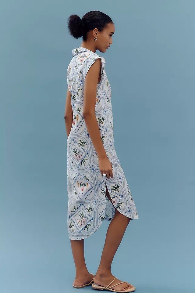 botanical tile print dress structured collar button front
