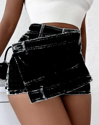 Fitted High-Waist Denim Skort with Angled Wrap Overlay and Street Style Silhouette
