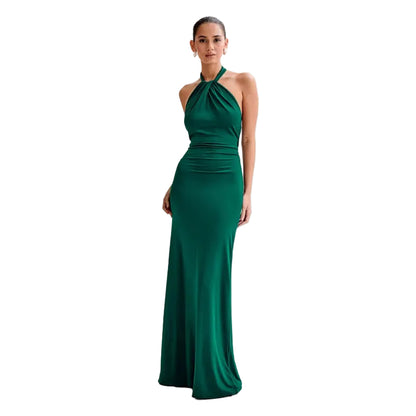 Dark green formal gown - halter neck backless maxi dress for black-tie events

