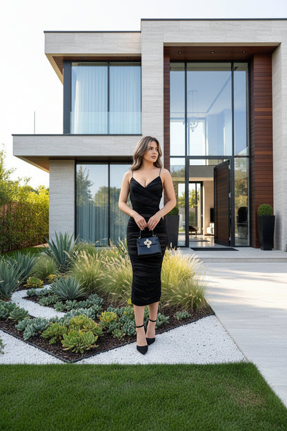 High waist pleated strap midi dress – back view showing spaghetti strap construction
