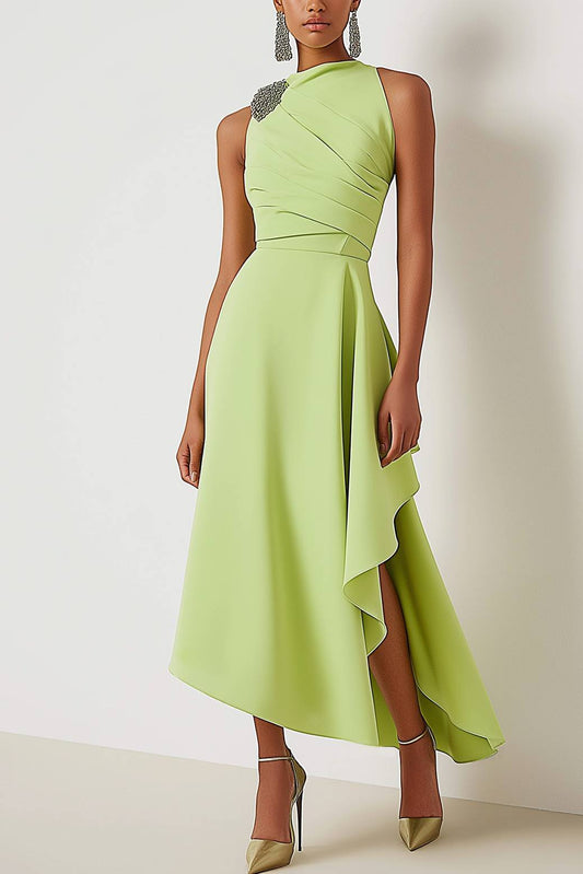 Women's sage green formal midi dress sleeveless ruffle slit wedding