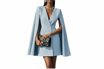 Close-up of cape sleeve detail on women's blazer dress – double-breasted V-neck design
