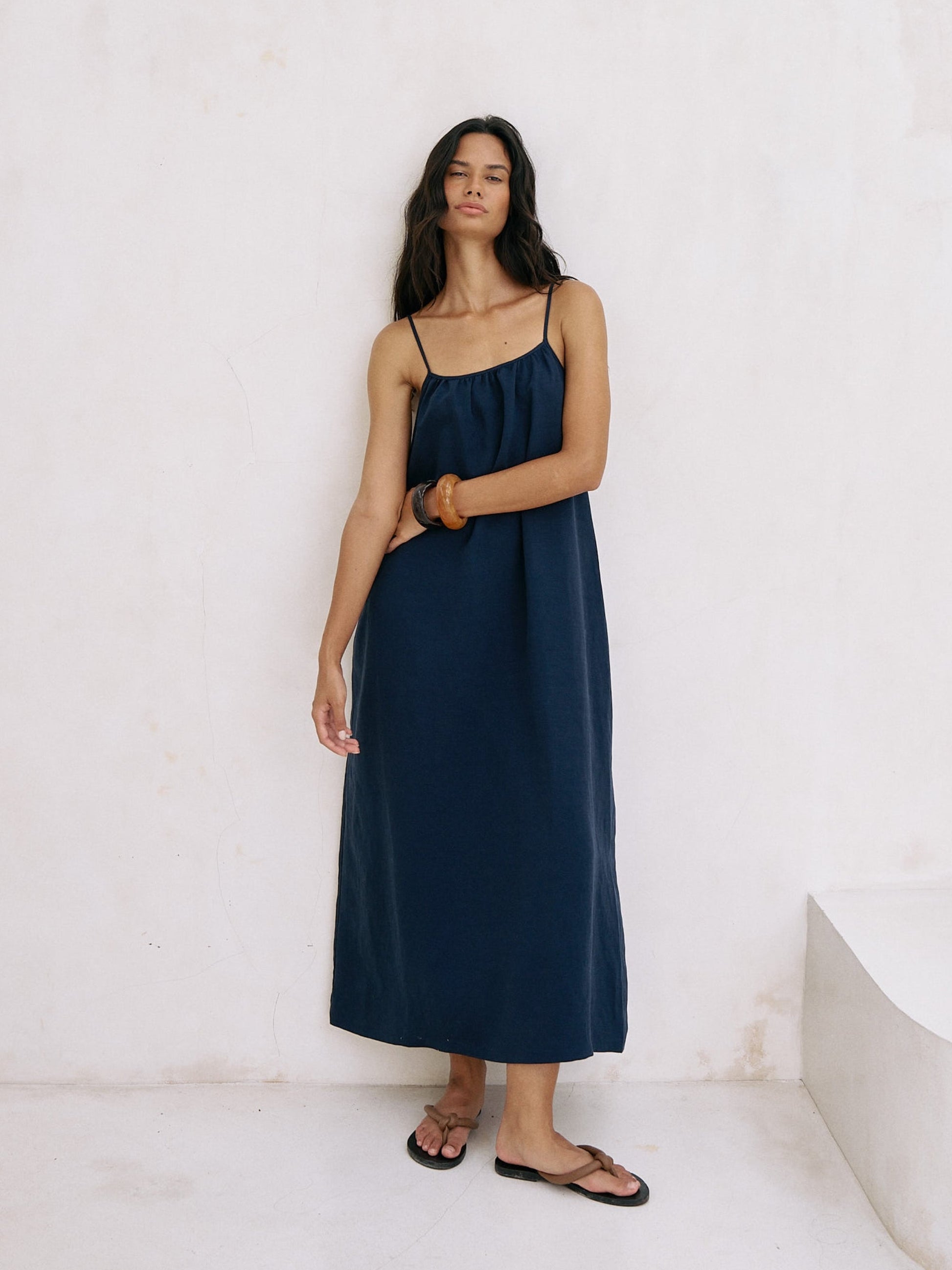 navy blue dress on a woman 